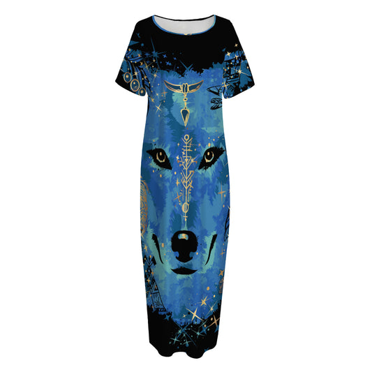 Native American Spiritual Wolf Print Short Sleeve Long Nightdress