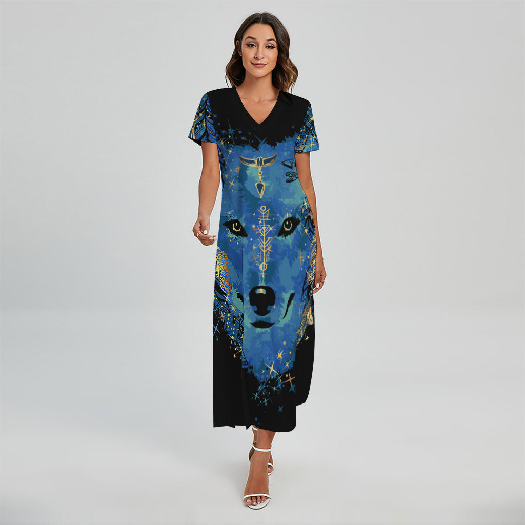 Native American Spiritual Wolf Print Short Sleeve Maxi Dress