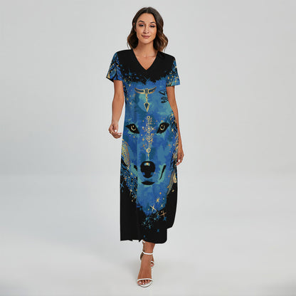 Native American Spiritual Wolf Print Short Sleeve Maxi Dress