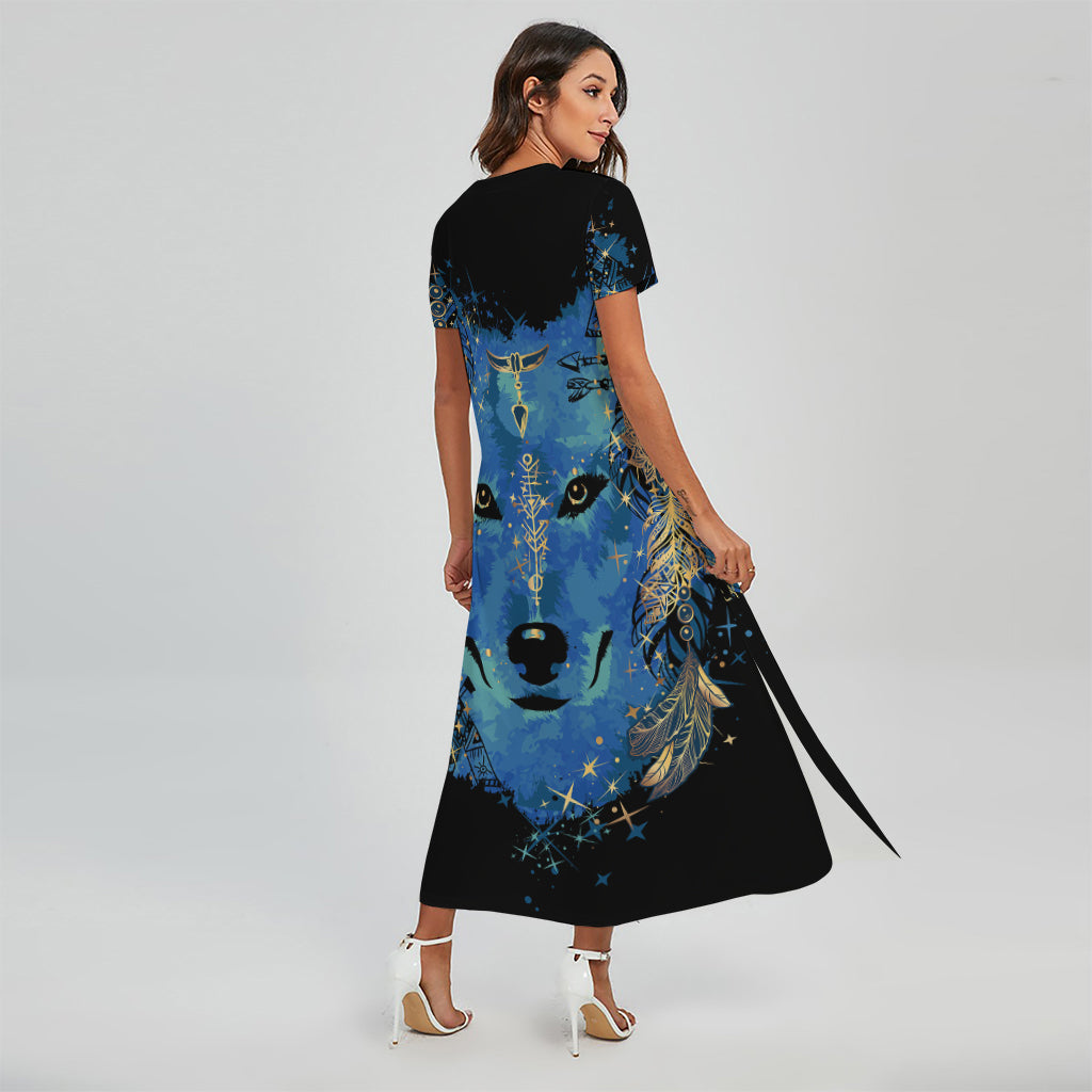Native American Spiritual Wolf Print Short Sleeve Maxi Dress