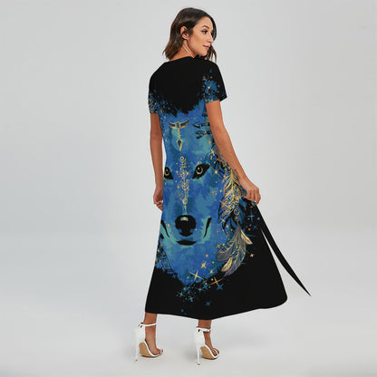 Native American Spiritual Wolf Print Short Sleeve Maxi Dress