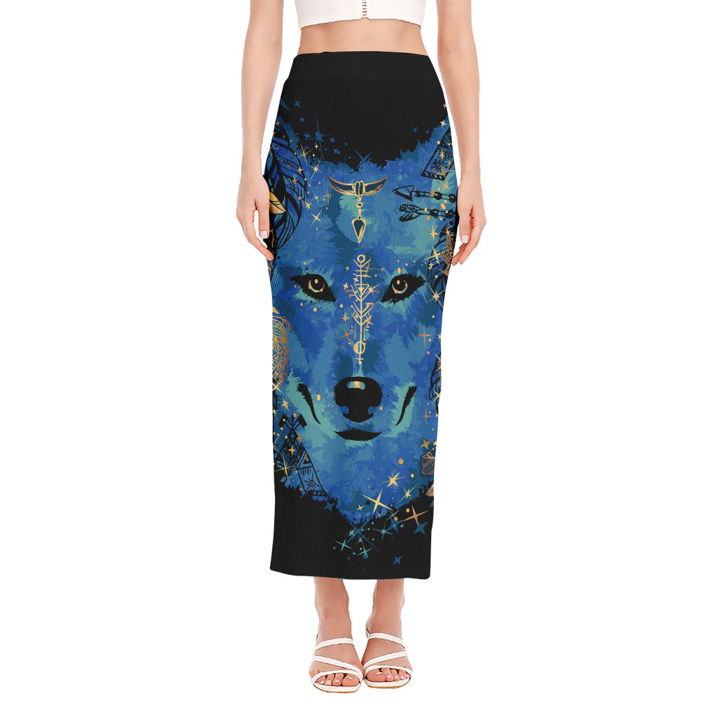 Native American Spiritual Wolf Print Side Slit Maxi Skirt