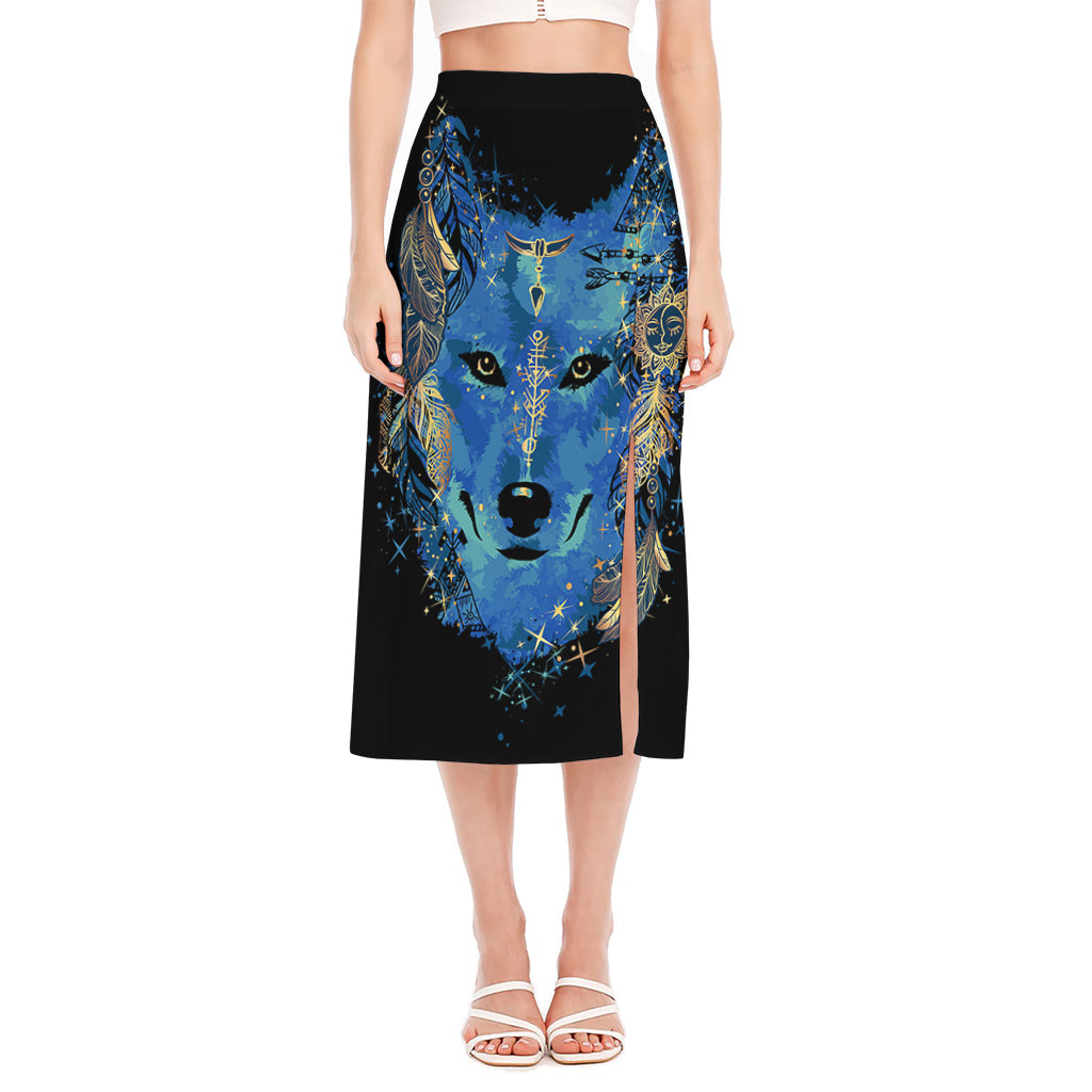 Native American Spiritual Wolf Print Side Slit Midi Skirt