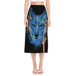 Native American Spiritual Wolf Print Side Slit Midi Skirt