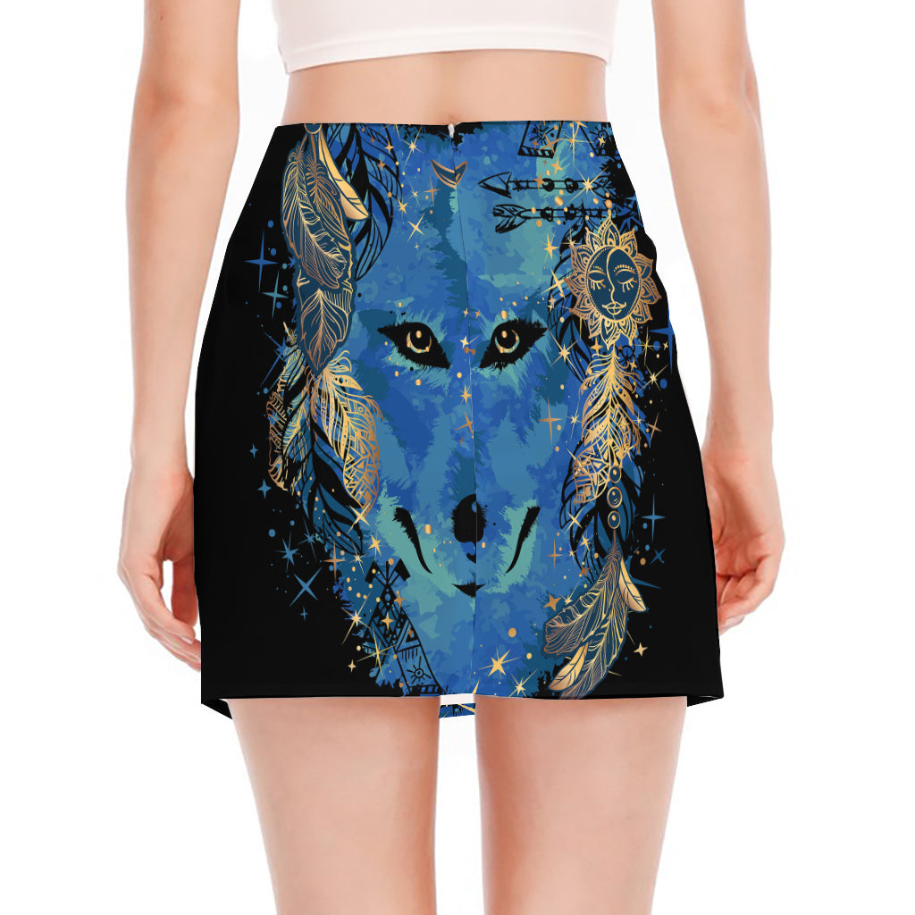Native American Spiritual Wolf Print Side Slit Mini Skirt