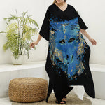 Native American Spiritual Wolf Print Silk V-Neck Kaftan Dress