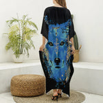 Native American Spiritual Wolf Print Silk V-Neck Kaftan Dress