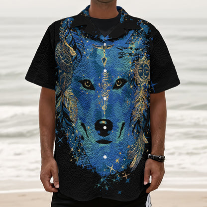 Native American Spiritual Wolf Print Textured Short Sleeve Shirt