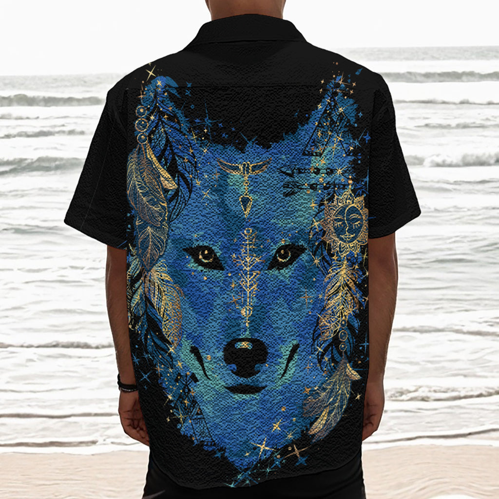 Native American Spiritual Wolf Print Textured Short Sleeve Shirt