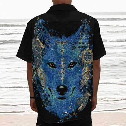 Native American Spiritual Wolf Print Textured Short Sleeve Shirt