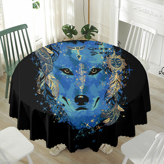Native American Spiritual Wolf Print Waterproof Round Tablecloth