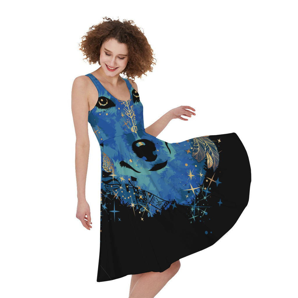 Native American Spiritual Wolf Print Women's Sleeveless Dress