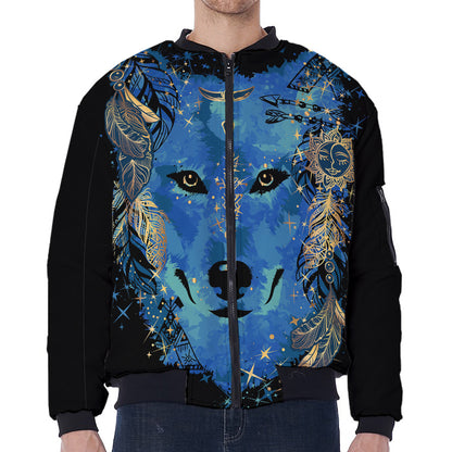 Native American Spiritual Wolf Print Zip Sleeve Bomber Jacket