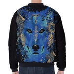 Native American Spiritual Wolf Print Zip Sleeve Bomber Jacket