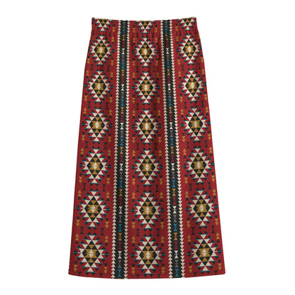 Native American Tribal Pattern Print Cotton Front Slit Maxi Skirt
