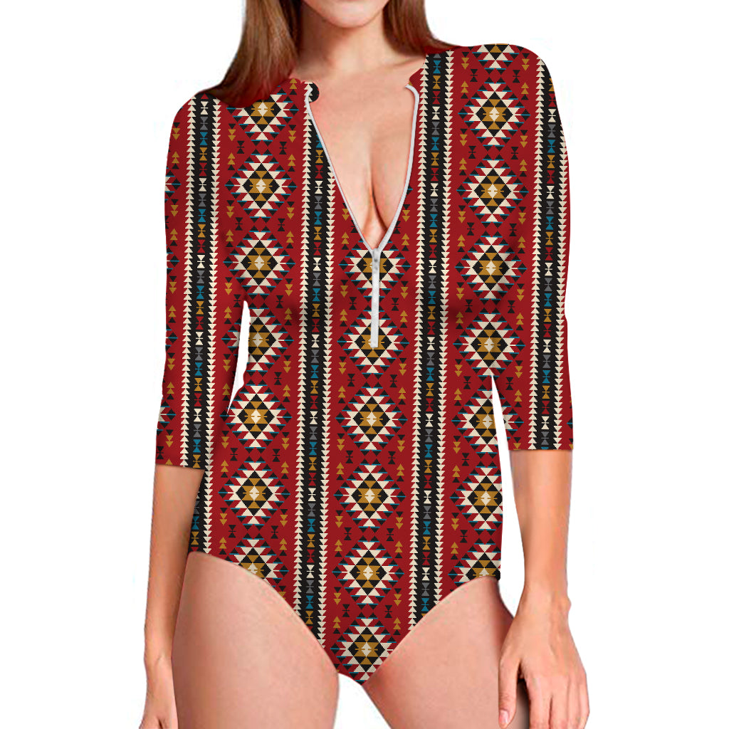 Native American Tribal Pattern Print Long Sleeve Swimsuit