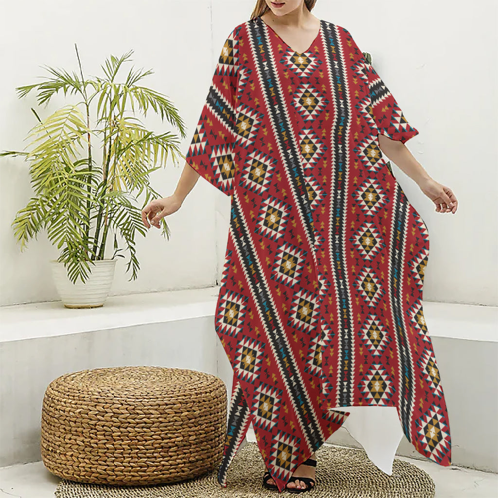 Native American Tribal Pattern Print Silk V-Neck Kaftan Dress