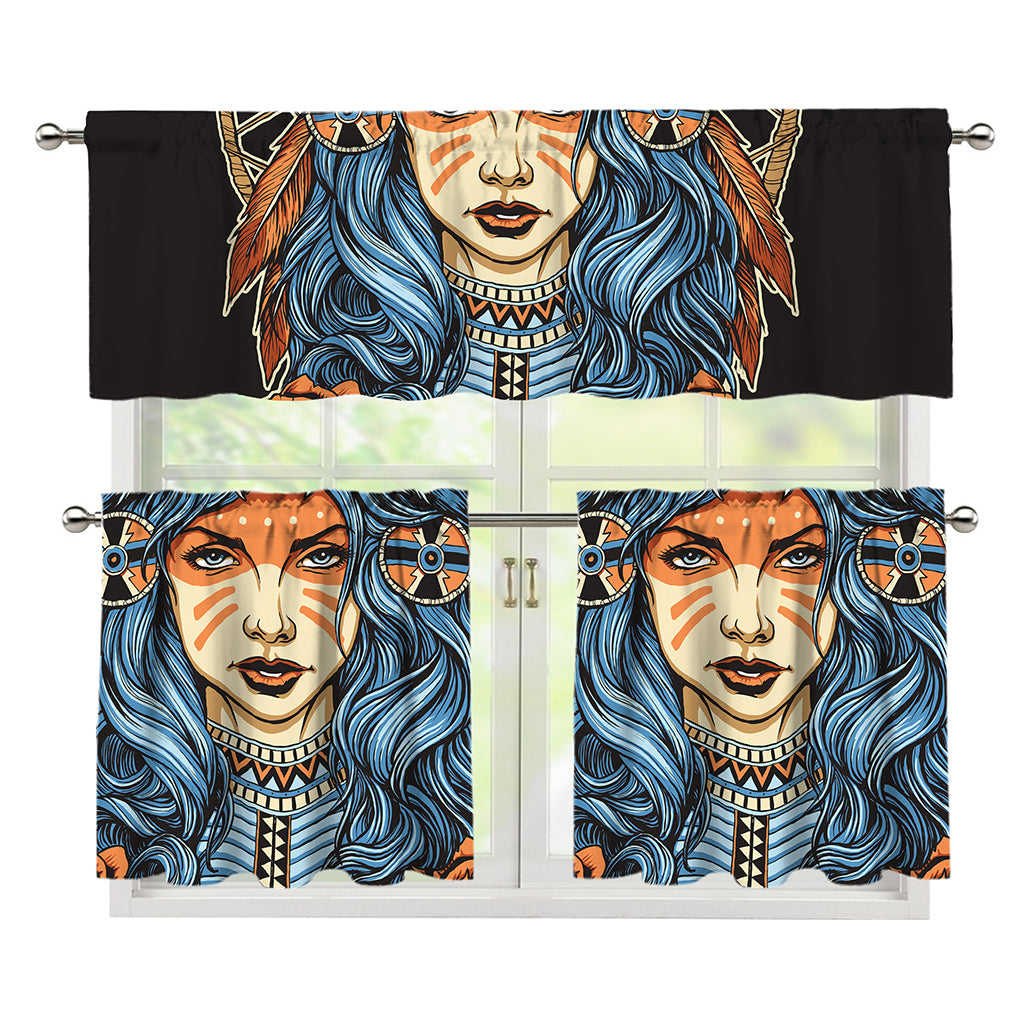 Native American Wolf Girl Print 3 Piece Kitchen Curtains