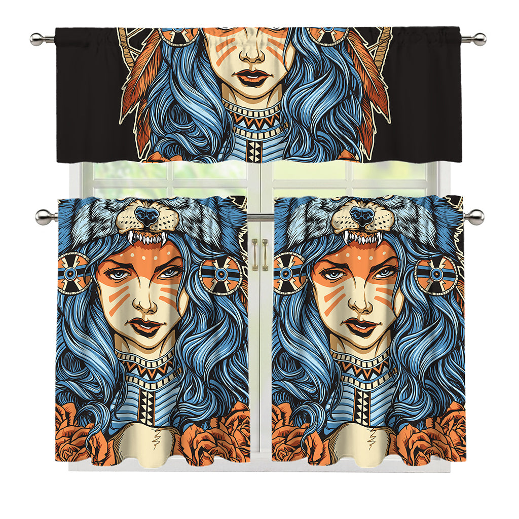 Native American Wolf Girl Print 3 Piece Kitchen Curtains