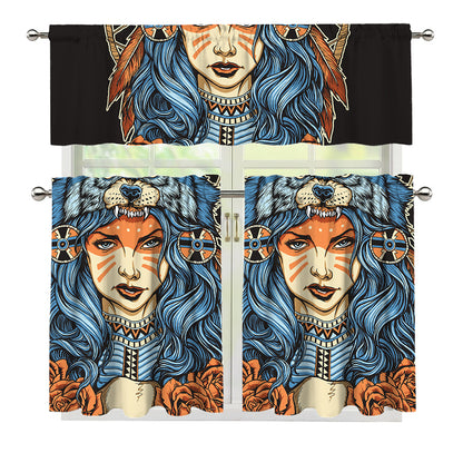Native American Wolf Girl Print 3 Piece Kitchen Curtains