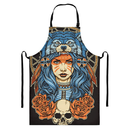 Native American Wolf Girl Print Bib Apron With Pocket