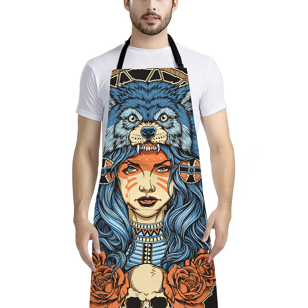 Native American Wolf Girl Print Bib Apron With Pocket