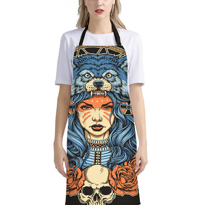 Native American Wolf Girl Print Bib Apron With Pocket