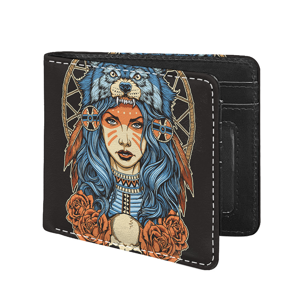 Native American Wolf Girl Print Bifold Wallet