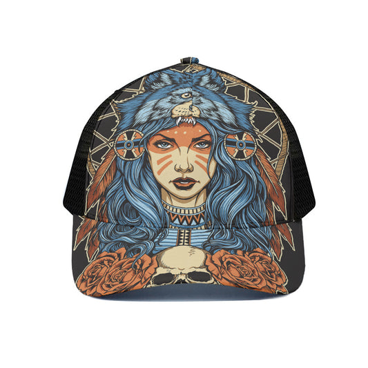 Native American Wolf Girl Print Black Mesh Trucker Cap