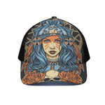 Native American Wolf Girl Print Black Mesh Trucker Cap