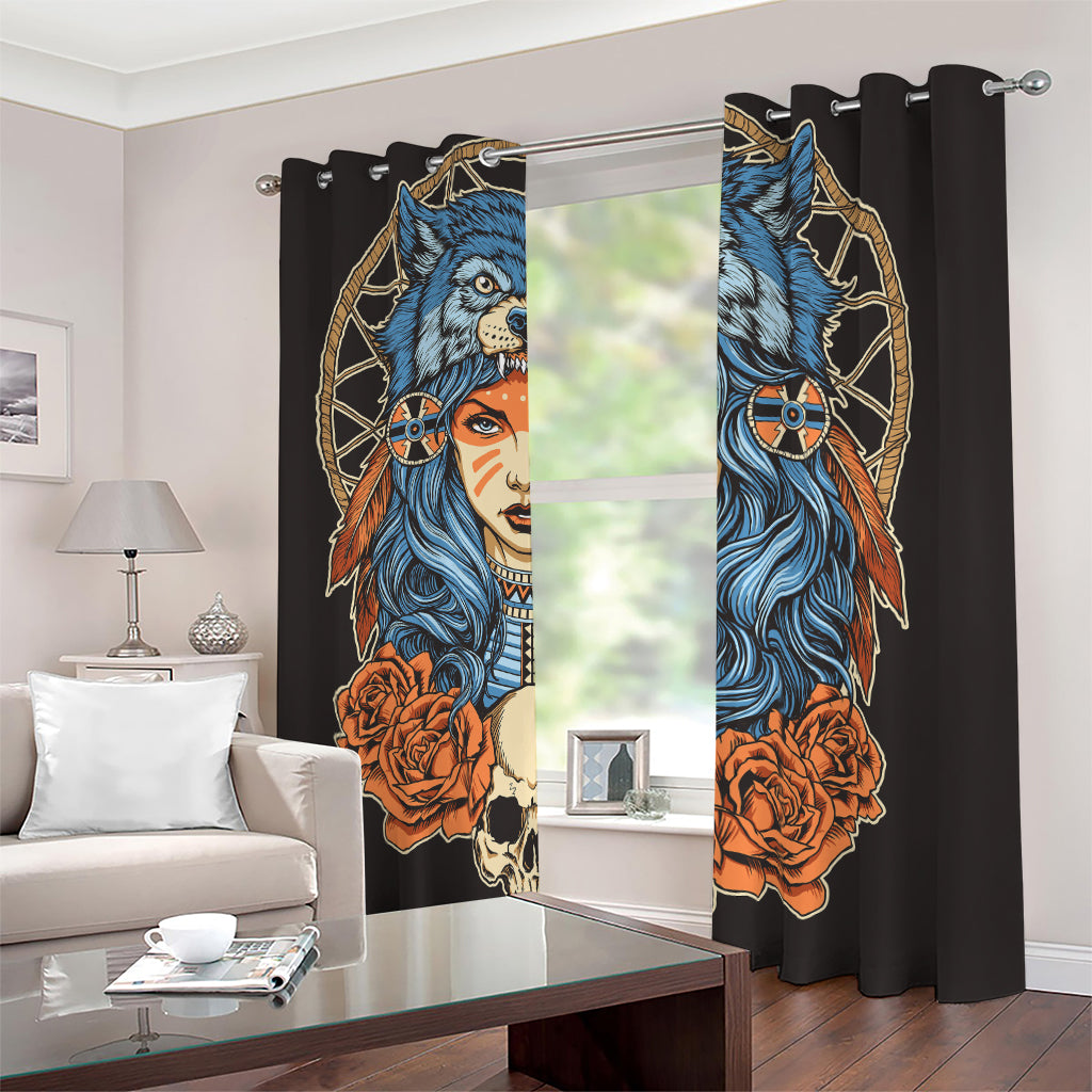 Native American Wolf Girl Print Blackout Grommet Curtains