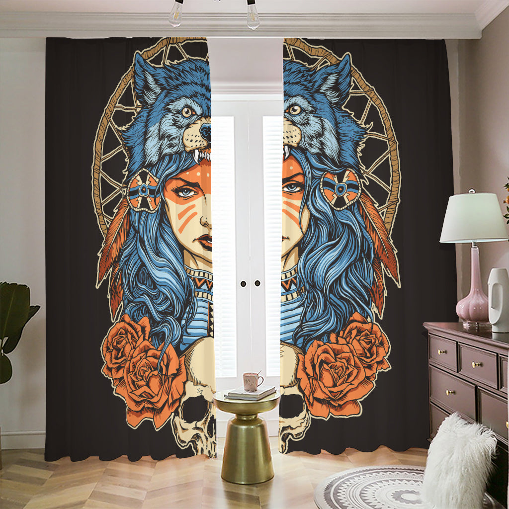 Native American Wolf Girl Print Blackout Pencil Pleat Curtains