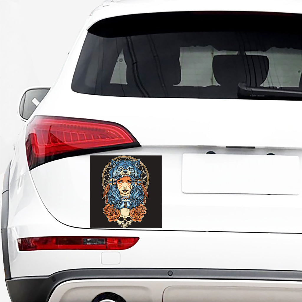 Native American Wolf Girl Print Car Sticker