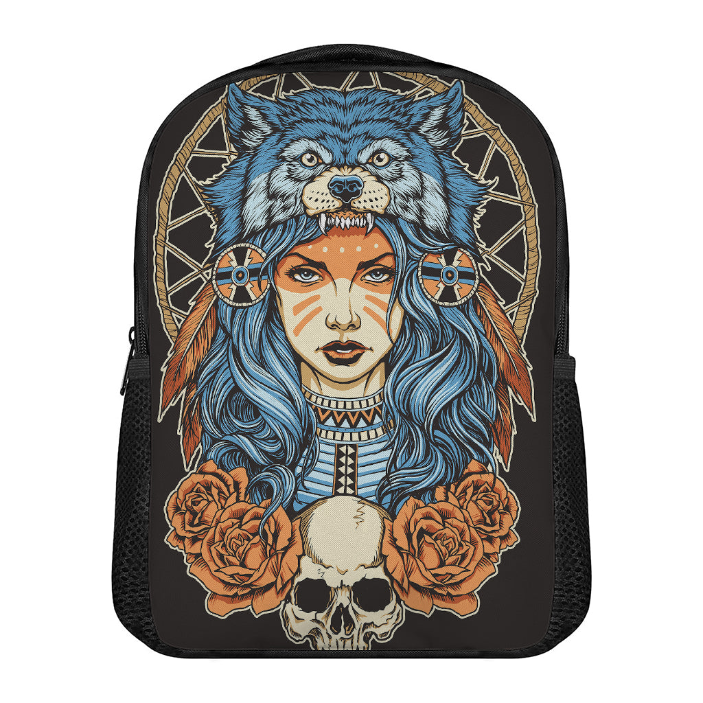 Native American Wolf Girl Print Casual Backpack