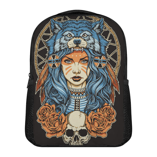 Native American Wolf Girl Print Casual Backpack