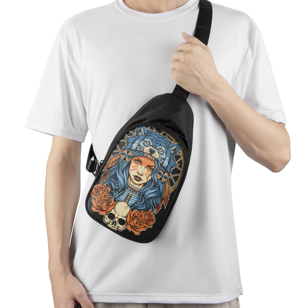 Native American Wolf Girl Print Chest Bag