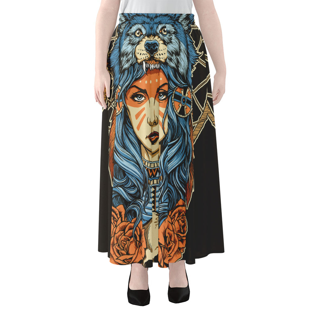 Native American Wolf Girl Print Chiffon Maxi Skirt