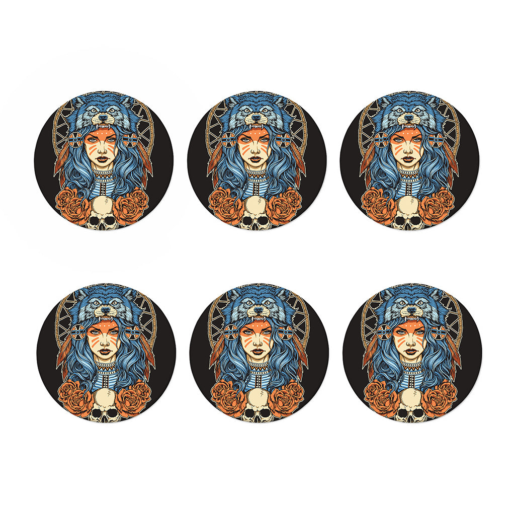 Native American Wolf Girl Print Coaster Set