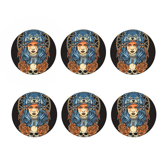 Native American Wolf Girl Print Coaster Set