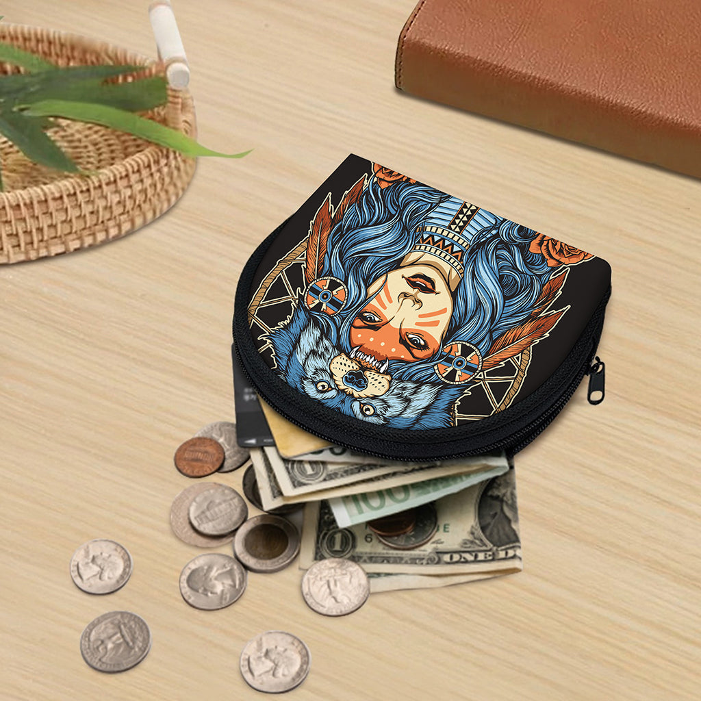 Native American Wolf Girl Print Coin Purse