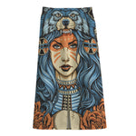 Native American Wolf Girl Print Cotton Front Slit Maxi Skirt