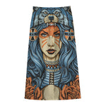 Native American Wolf Girl Print Cotton Front Slit Maxi Skirt