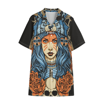 Native American Wolf Girl Print Cotton Hawaiian Shirt