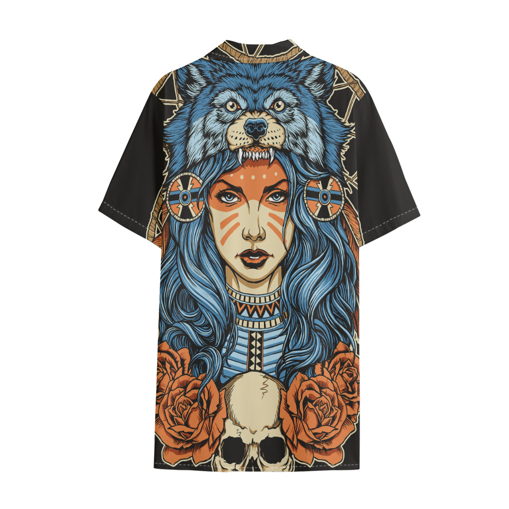 Native American Wolf Girl Print Cotton Hawaiian Shirt