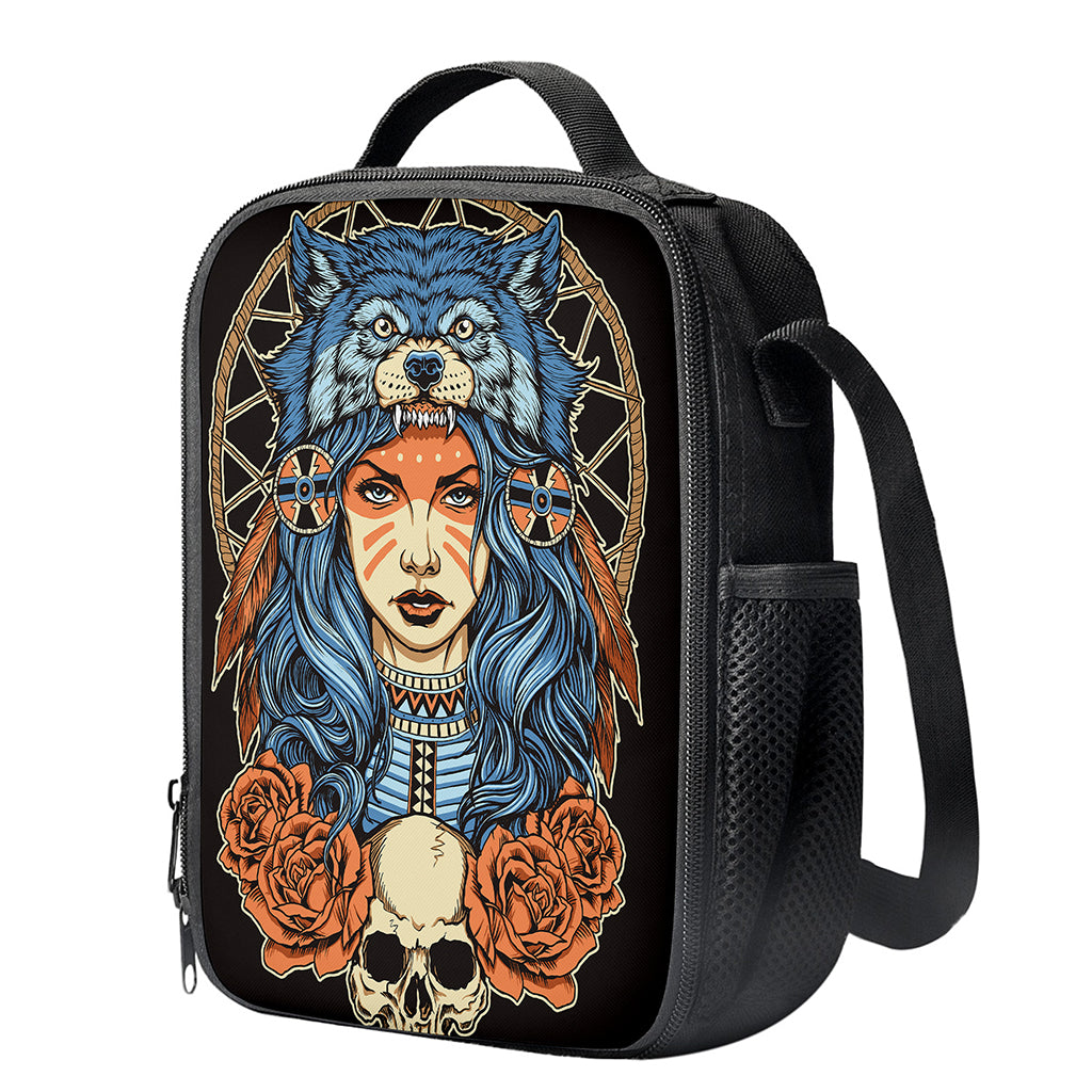 Native American Wolf Girl Print Crossbody Lunch Bag