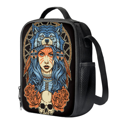 Native American Wolf Girl Print Crossbody Lunch Bag