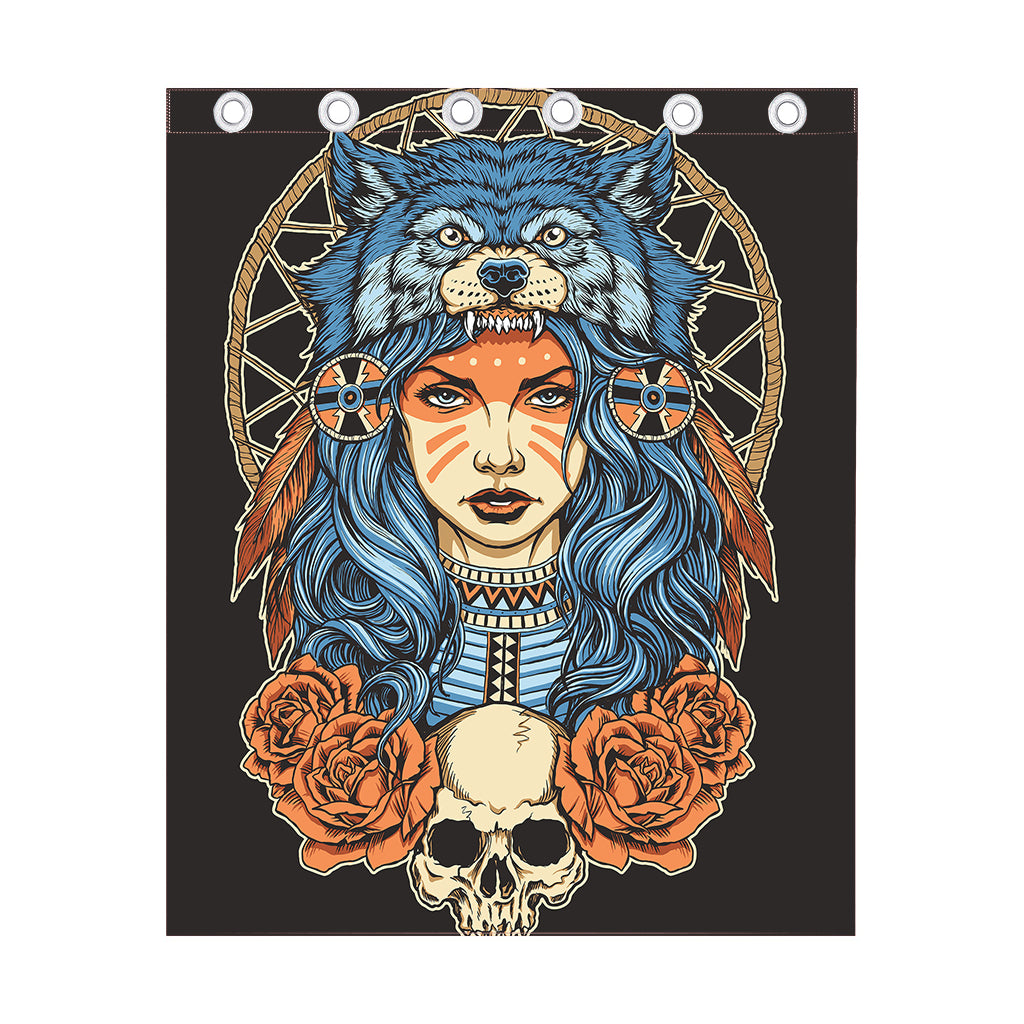 Native American Wolf Girl Print Curtain