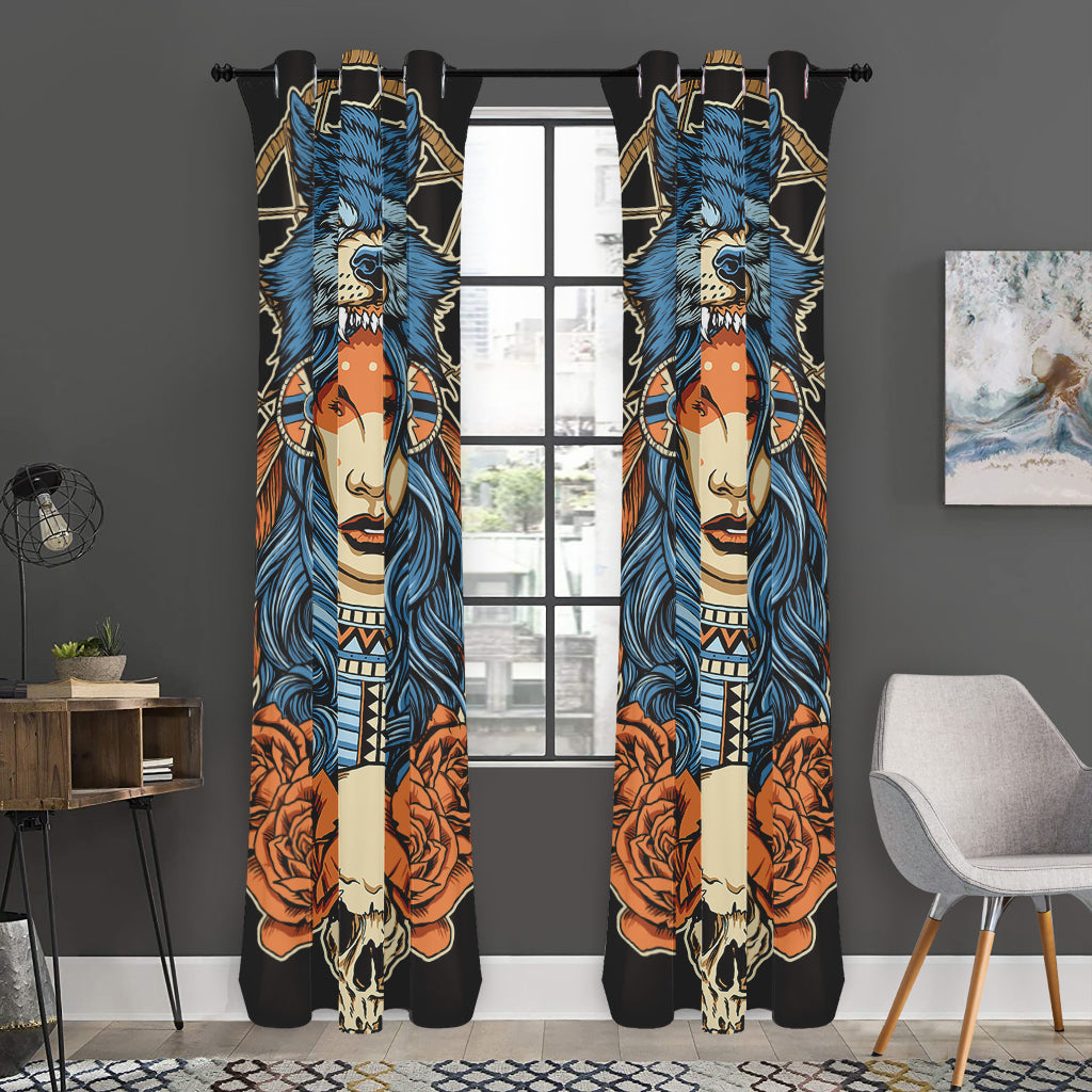 Native American Wolf Girl Print Curtain
