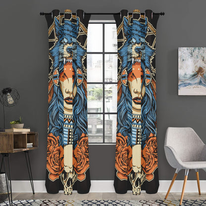 Native American Wolf Girl Print Curtain
