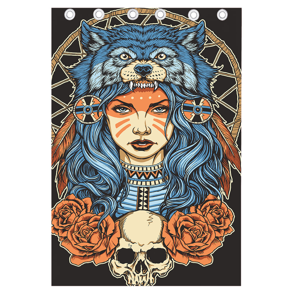 Native American Wolf Girl Print Curtain